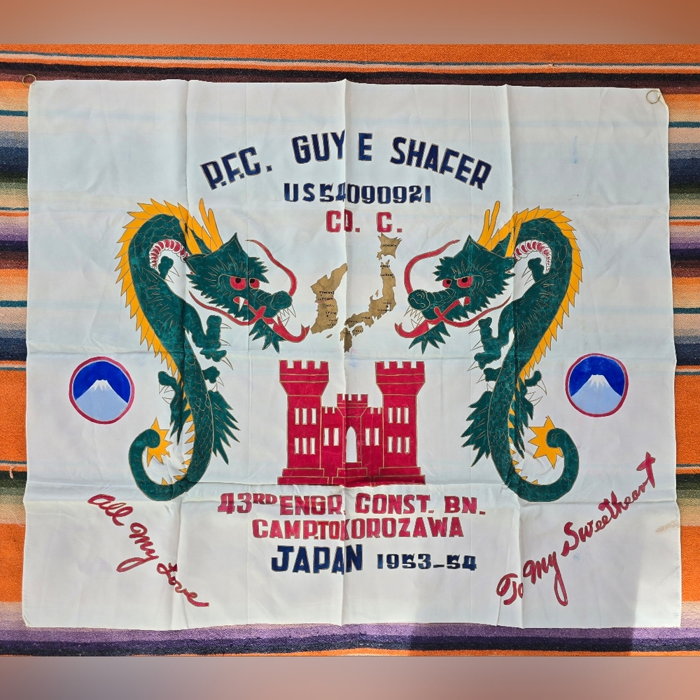 Korean War Japan Hand Painted Silk Souvenir Flag 34x39